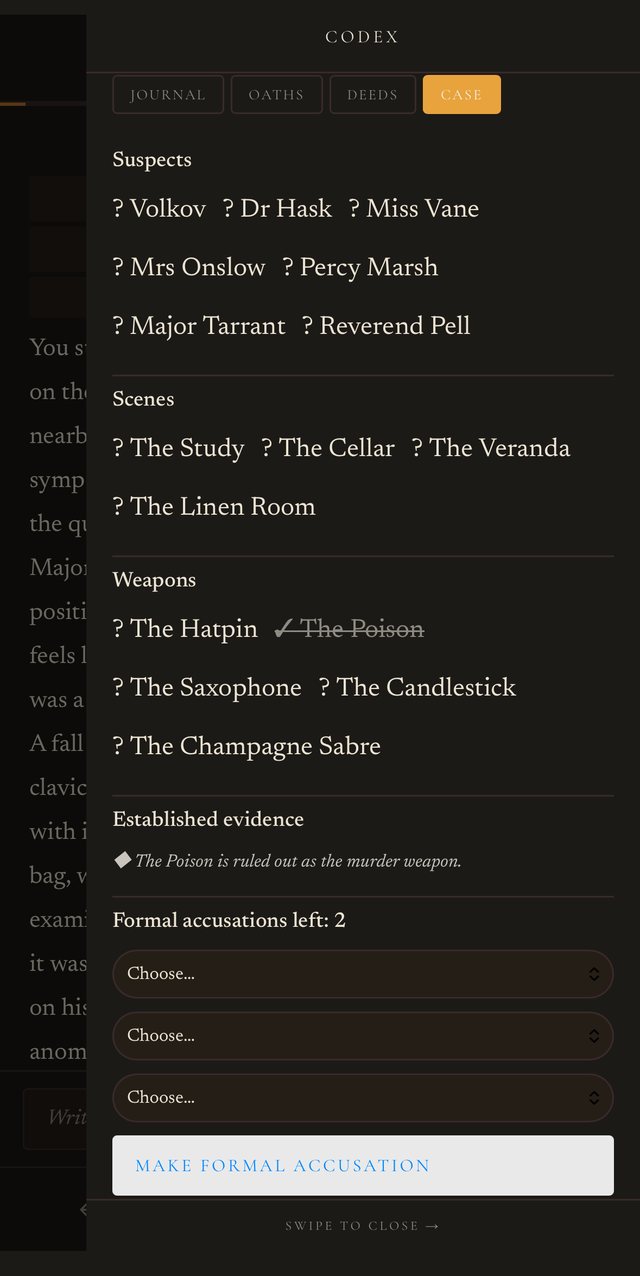 The case board in Seven Suspects: suspects, scenes, weapons, established evidence and formal accusations
