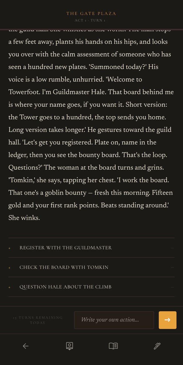 A turn in A Hundred Floors from Home: narrative prose, three choices and a free-text action field